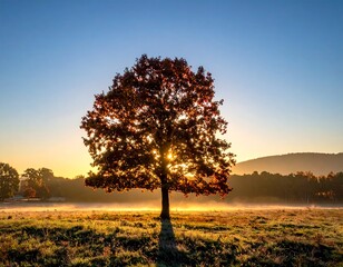 Sunrise Through a Lone Tree in a Misty Field.