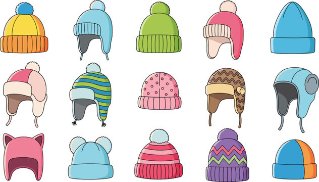 Colorful winter hat vector set with various knitted beanies wool caps with pompons and earflap trapper hats isolated on a white background.