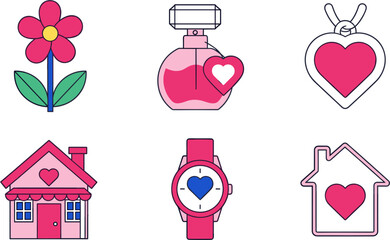 Charming Pink Illustrations of Hearts, Flowers, and Homes