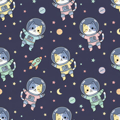 Seamless pattern of cute cats wearing astronaut helmets in space