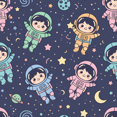 Seamless pattern of cute astronauts floating in outer space, playful flat illustration