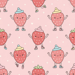 Seamless pattern of cute strawberry characters wearing tiny shoes and dancing