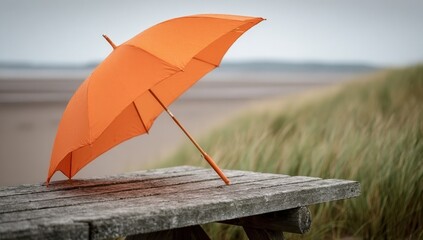 Bright Orange Umbrella Rests on Wet Wooden Picnic Table by Coastal Dunes.