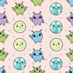 Seamless pattern of friendly alien characters waving hello in a soft pastel palette