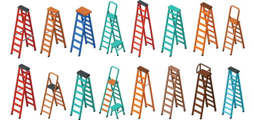 Colorful step ladder vector set with assorted aluminum and wooden folding ladders in various heights and styles isolated on a white background. © MdMunzurul