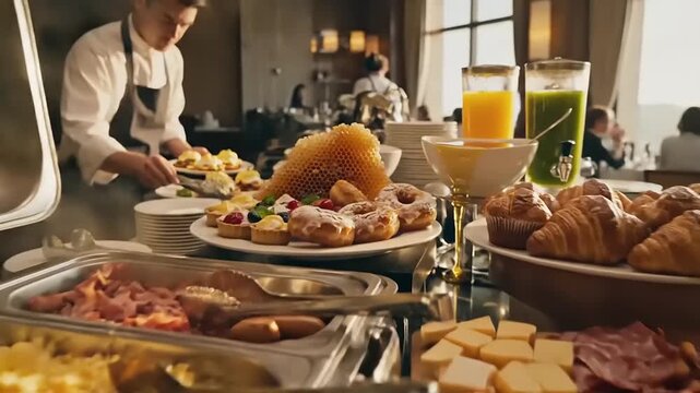 Vibrant breakfast buffet featuring fresh fruits, pastries, and steaming dishes in a sunlit restaurant