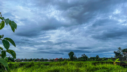 The dark sky with heavy clouds converging and a violent storm before the rain.Bad or moody weather sky and environment. carbon dioxide emissions, greenhouse effect, global warming, climate change.