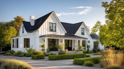 A farmhouse exterior white clapboard siding and pitched black roof Surrounding greenery is trimmed and organized Captured golden