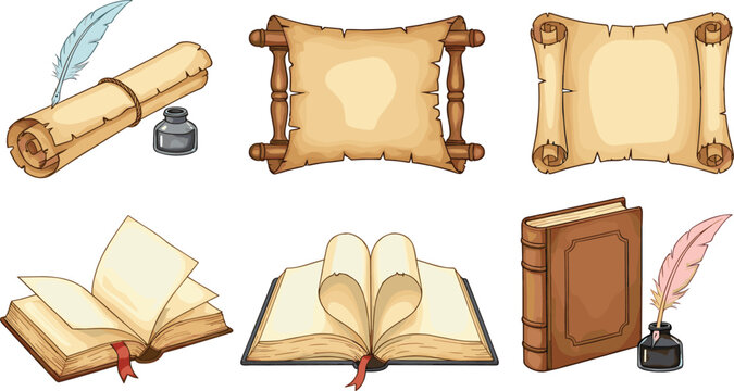 Ancient paper scroll and old book vector set with vintage parchment rolls quill pens inkwells and open manuscripts isolated on white background.