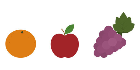 Orange and Rip Grape Bunch and Red apple Menu Cards Labels Minimalistic Flat design Seasonal Fruits. Isolated Vector illustration Sticker Icon Themed or Recipe Card Print Material Banner, leaflet, tag