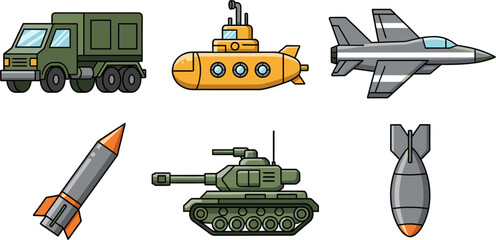 Military Vehicles and Weapons Vector Illustration