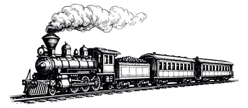 Hand drawn line art illustration of a steam train depicting an antique locomotive emitting smoke for historical travel concepts