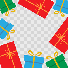 Square Frame border of colorful various gifts boxes with tied ribbon bow Holiday Copy space Template. Isolated Vector illustration Greeting Thematic Cards Sample Party invite, leaflets Media Post, tag