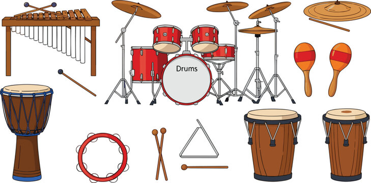 Percussion musical instrument vector set with red drum kit xylophone djembe congas maracas tambourine and triangle isolated on white background for music design.