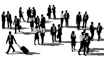 Fototapeta premium Silhouette of Diverse Business People Crowd Walking and Interacting on White Background