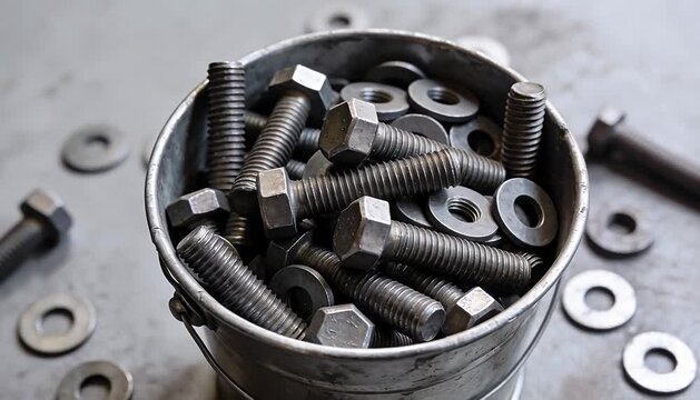 Metal small supplies filled hexagonal head flat arranged loosely some scattered around industrial, bolts washers, bucket textured, surface hardware.
