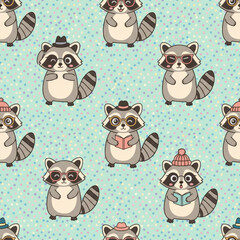 Seamless pattern of cute raccoon characters wearing tiny hats and glasses