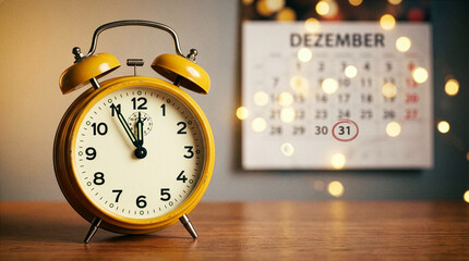 Ein Wecker steht auf 5 vor 12 und ein Kalender im Hintergrund als Symbol f&uuml;r Ende des Jahres