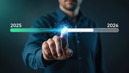 Man interacting with futuristic timeline interface for 2025 to 2026 transition