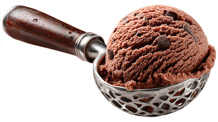 Chocolate chip ice cream scoop in metal dish with wooden handle on white background, close up, appetizing dessert