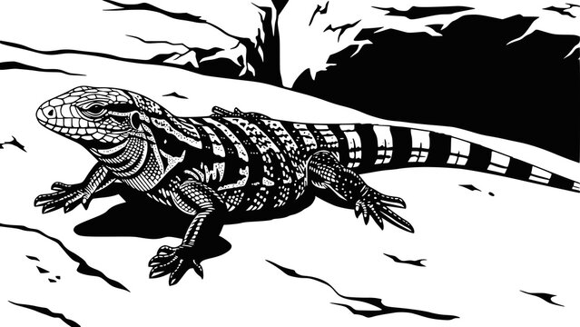 Graphic illustration of a black and white Argentine tegu lizard on a rocky surface. Design for educational wildlife posters or exotic pet care branding. Transparent background PNG version.