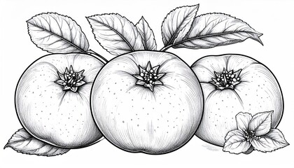 Detailed Black and White Illustration of Three Apples with Leaves.