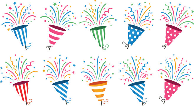Colorful party popper vector set with various striped and polka dot confetti cannons exploding with stars and streamers for festive celebration design.