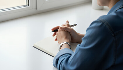 Person at a desk with hands clasped around a pen above a notebook, featuring a wristwatch, blue sleeve, white tabletop, and window providing even daylight illumination.