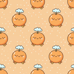 Seamless pattern of sleepy orange characters with closed eyes and small clouds above heads