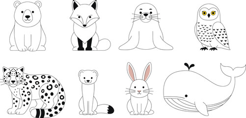 Cute arctic animal vector set with line art polar bear fox seal snowy owl leopard weasel bunny and whale isolated on white. © MdMunzurul
