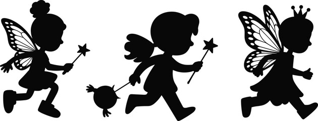 Cute fairy children silhouette set with wings and magic wand, black vector illustration collection, fantasy kids characters for storytelling, decoration, and design concepts © Julfikar