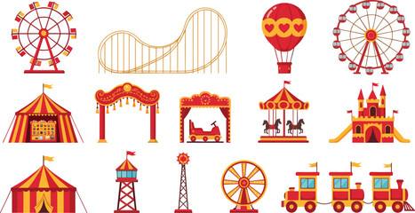 Amusement park vector set featuring ferris wheels roller coaster circus tents carousel hot air balloon and carnival train isolated on white background. © MdMunzurul