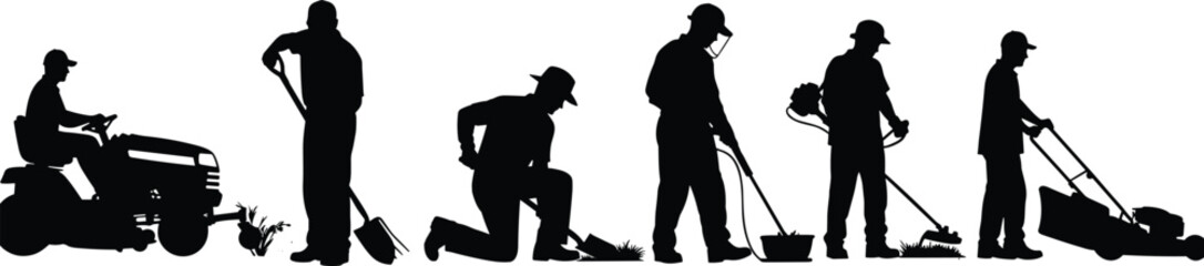 Professional landscaping and gardening service crew silhouettes, workers using lawn mower, trimmer, leaf blower, and shovel for backyard maintenance and lawn care industry. © Abida