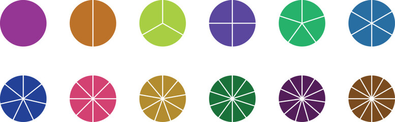 Circle pie chart diagram. Circle division infographic icon set. Loading bar set diagram multicolored collection. Pie chart divided 1,2,3,4,5,6,7,8,9,10,11, 12 equal parts.	