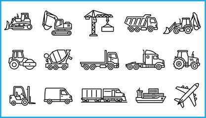 Construction and transport vehicle icons set featuring industrial machines, logistics, freight, and mobility visuals in black line style © Roisul
