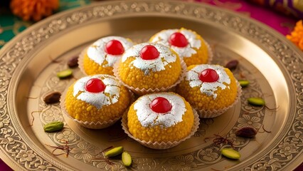 Vibrant Indian sweets on ornate gold plate with cherries and nuts