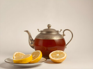 A teapot with a lemon slice in it sits on a white plate