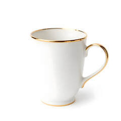 A white cup with gold trim sits on a white background