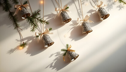 A row of bells hanging from a tree branch