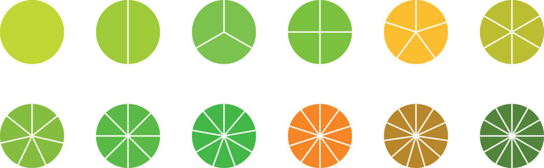 Circle pie chart diagram. Circle division infographic icon set. Loading bar set diagram multicolored collection. Pie chart divided 1,2,3,4,5,6,7,8,9,10,11, 12 equal parts.	
