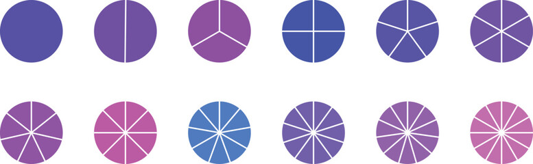 Circle pie chart diagram. Circle division infographic icon set. Loading bar set diagram multicolored collection. Pie chart divided 1,2,3,4,5,6,7,8,9,10,11, 12 equal parts.	