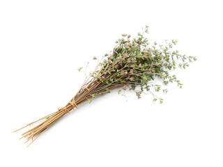 A bundle of dried herbs is tied together with string