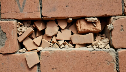 A brick wall with a hole in it and a pile of bricks around it