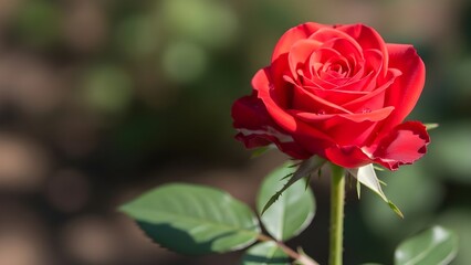 Vibrant red rose in full bloom with lush green leaves