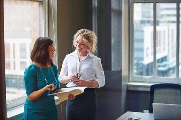 Office, business women or folder with meeting for financial report, funding pitch advice or review. Intern, finance manager and discussion with file at firm for invoice feedback and career guidance