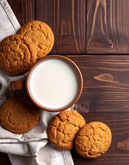 Rustic Delight: Oatmeal Cookies and Creamy Milk on Dark Wood Table