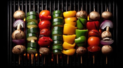 A flat lay of skewered vegetables--zucchini, bell peppers, onions, mushrooms--arranged raw beside a glowing barbecue grill, colors vivid against
