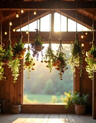 Rustic Interior with Hanging Floral Arrangements and Warm Sunlight Through Window