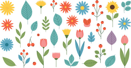 Colorful flat style flower vector set with various blossoms green leaves red berries tulips and sunflowers isolated on white for nature design. © MdMunzurul