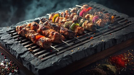 A flat lay of skewers arranged neatly across stone surface, spices sprinkled evenly around, glowing grill at edge with